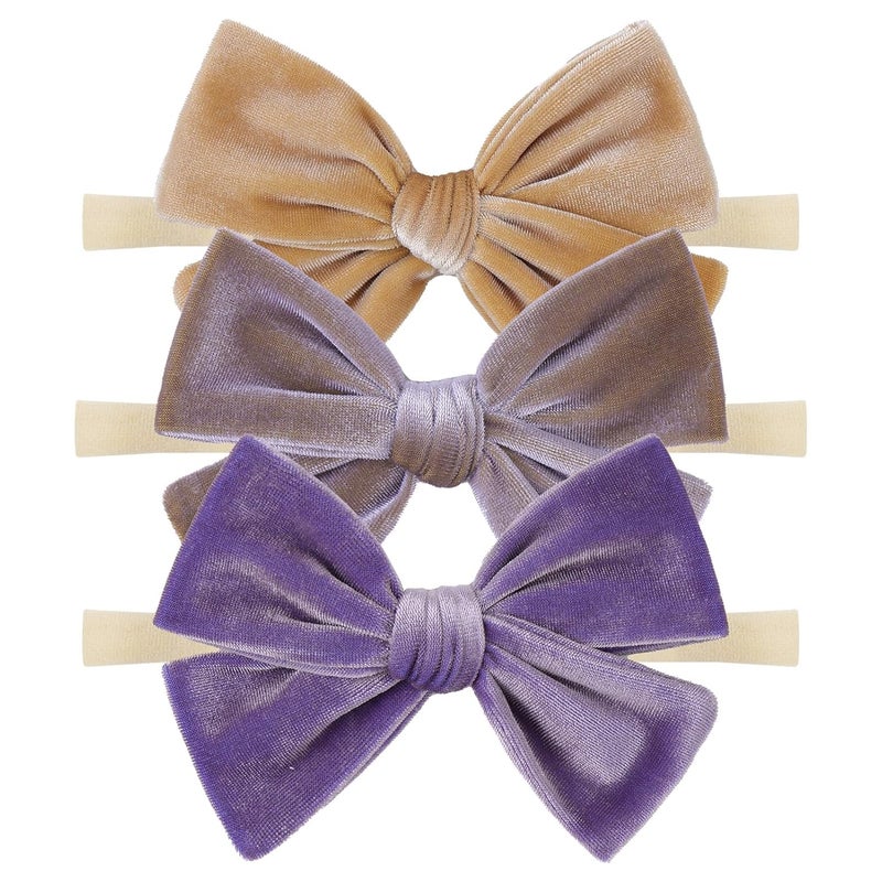ONENINEDREAM 4'' Baby Velvet Gloss Bows Handmade Headbands Tied Bow Elastic Nylon Hair Accessories for Baby Girls Newborn Infant 3 Pcs Purple Turmeric Brown - Image 1